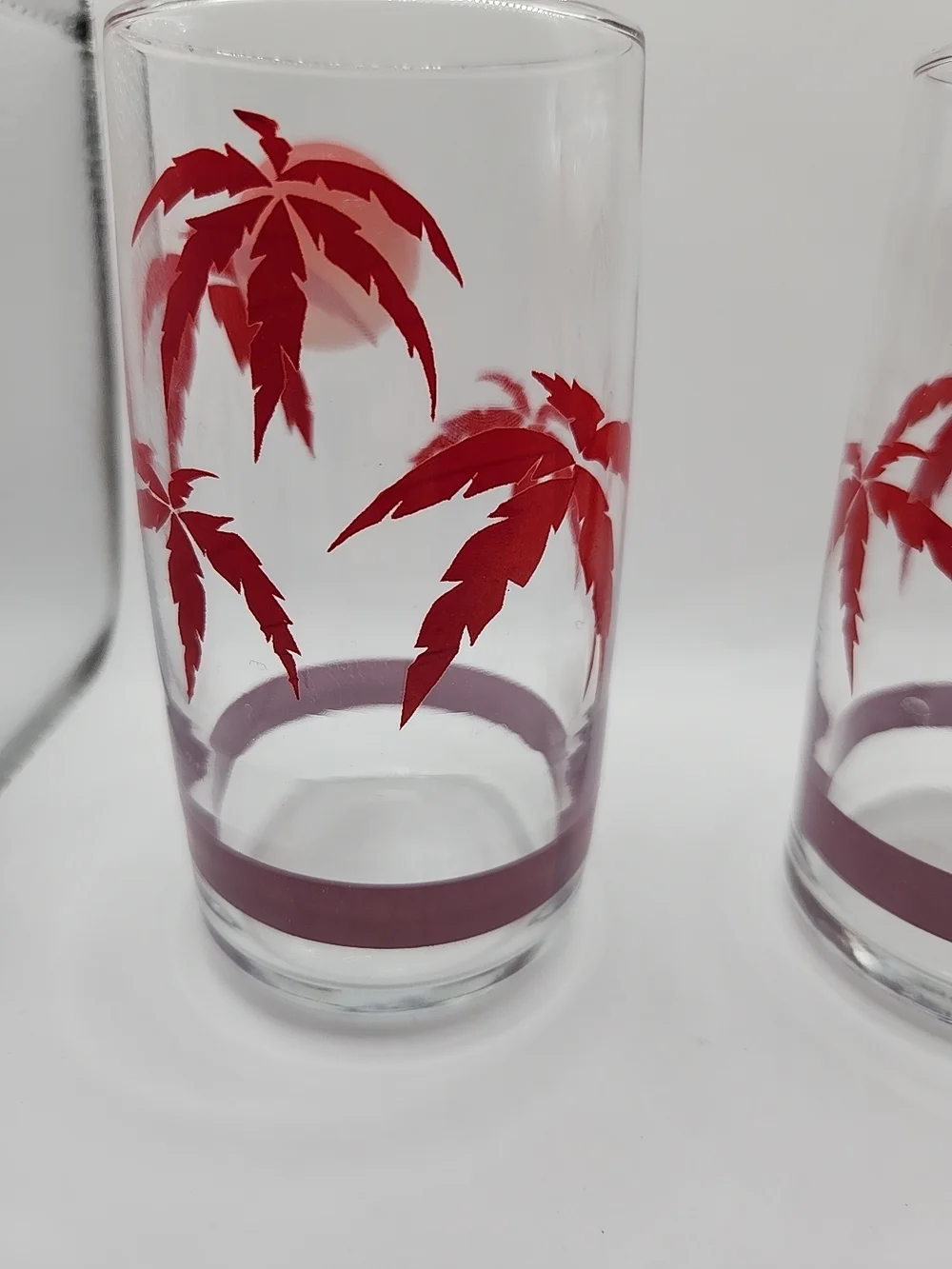 Clear Glass Tumbler Set with Red Palm Sunset Design‎ vintage